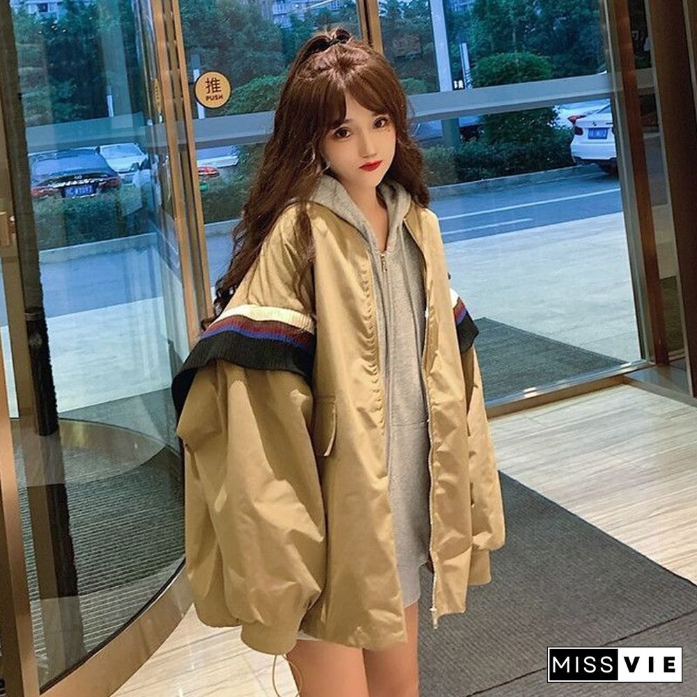 Autumn Vintage Basic Patchwork Blue Jackets Women Zipper Loose Streetwear Student Coats Retro Lady Chic Korean Outwear New