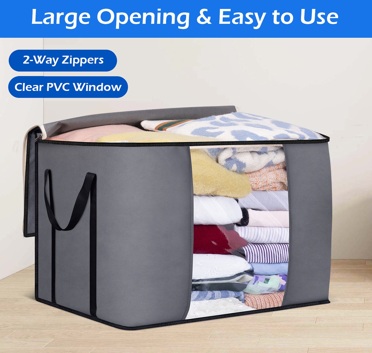 MISSLO 100L Clothes Storage Organizer 3PCS Foldable Comforter Blanket Bags Large Clothing Containers for Closet, Bedroom, Gray