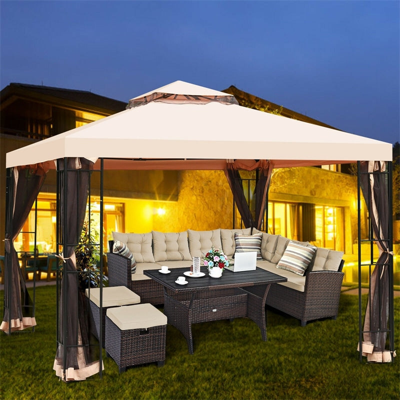 10 x 10 FT Patio Metal Gazebo with Netting, 2 Tier Vented Roof Outdoor Canopy Gazebo Tent