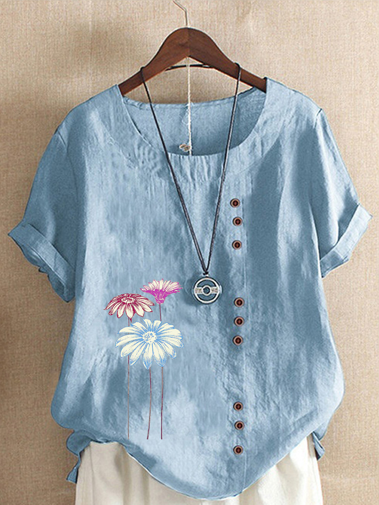 Round Neck Casual Loose Floral Short Sleeve Blouse