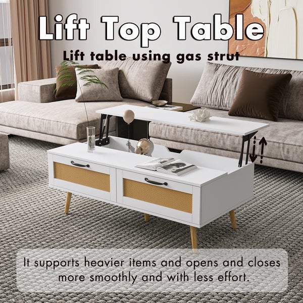 Lift Top Coffee Table with Hidden Storage and Drawers， Rustic Rattan Farmhouse Style for Living Room - as picture