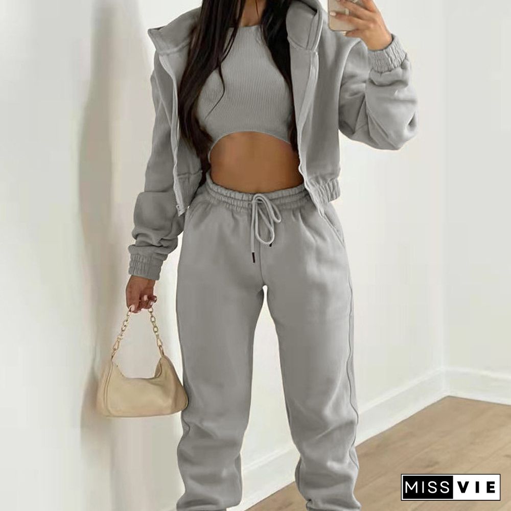 Fashion Hooded Sweatshirt Loose 3Pc Suits Women Casual Long Sleeve Tracksuits Outfits Elegant Zipper Coats+Tank+Long Pants Sets