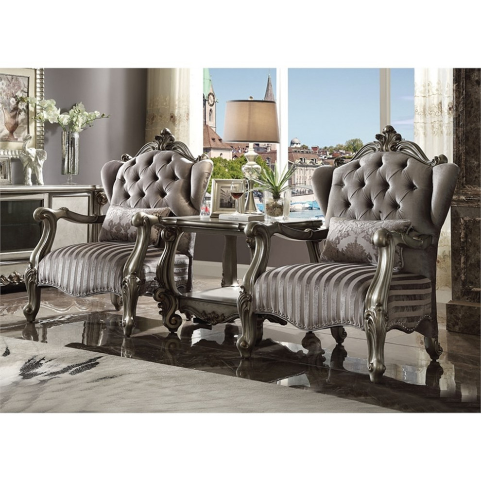 Maklaine Versailles Chair with 1 Pillow in Velvet  ampAntique Platinum   Victorian   Armchairs And Accent Chairs   by Homesquare  Houzz