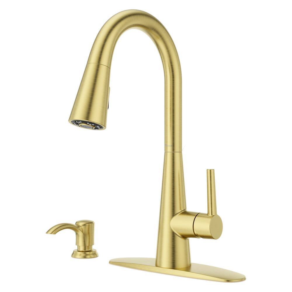 Pfister Barullli Single Handle Pull Down Sprayer Kitchen Faucet with Deckplate Included and Soap Dispenser in Brushed Gold F-529-7BARBG