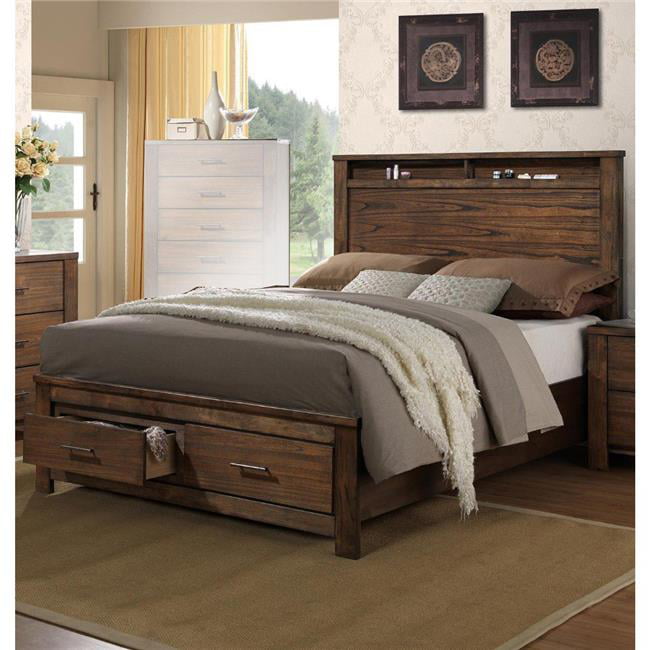 Benzara BM168618 56 x 62 x 82 in. Wooden Queen Size Bed with Display & Storage Drawers& Oak