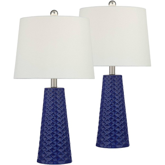 High Set Of 2 Deep Blue Triangle Textured Ceramic White Fabric Tapered Drum Shade For Bedroom Living Room