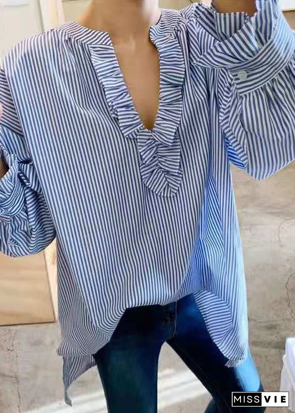 Simple Blue Ruffled Striped Oversized Cotton Shirt Spring