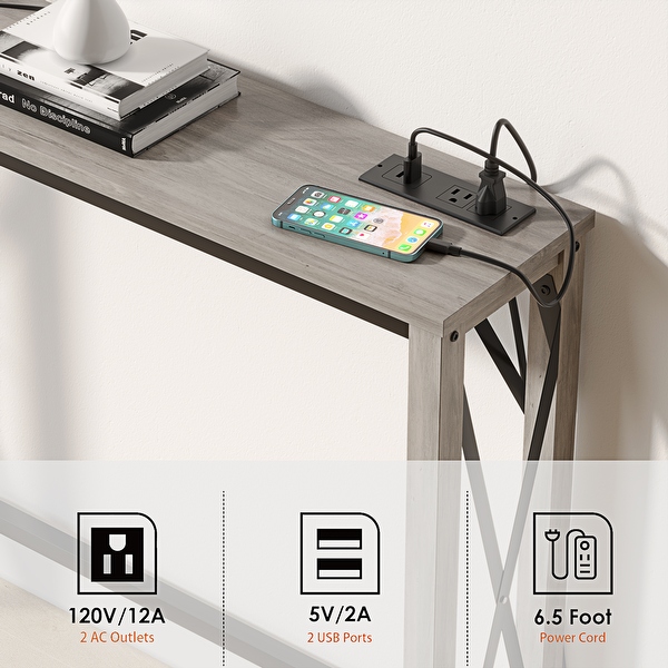 Entryway Table with Power Outlets and USB Ports， Narrow Sofa Table with Charging Station