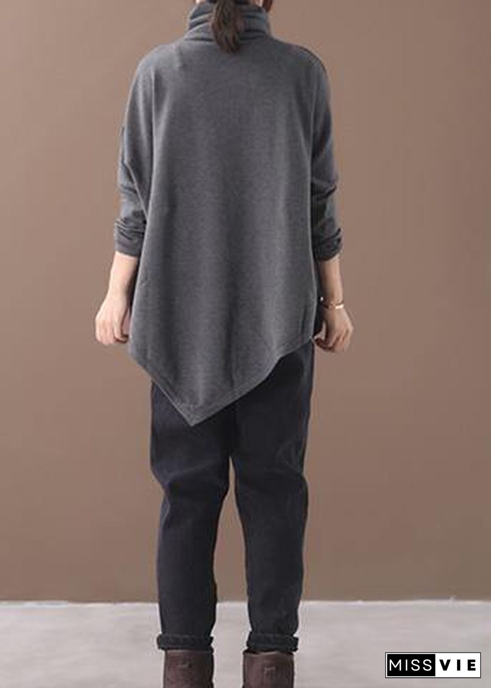 diy asymmetric hem cotton high neck shirts Work gray blouse