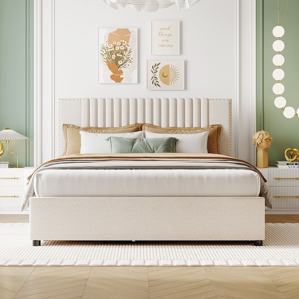 Queen Size Upholstered Platform Bed with Classic Headboard  2 Drawers and Twin Trundle  Beige