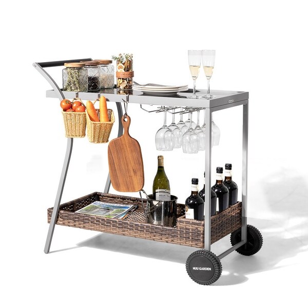 Outdoor 2Tier Wicker Bar Cart on Wheels with Tempered Glass Board