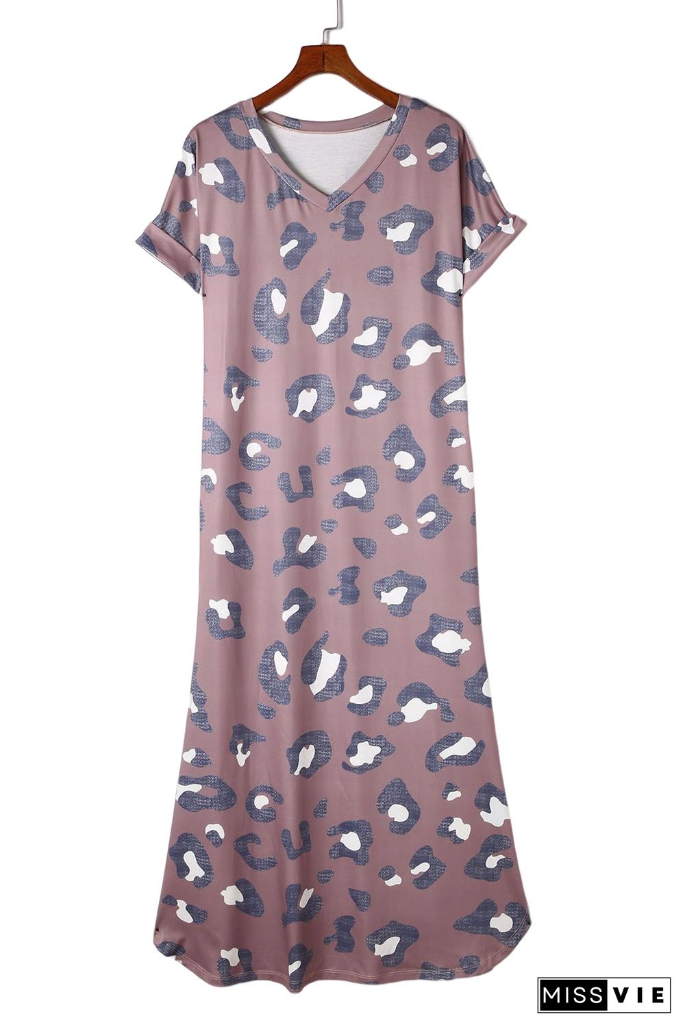 Leopard Print V Neck Long T-shirt Dress