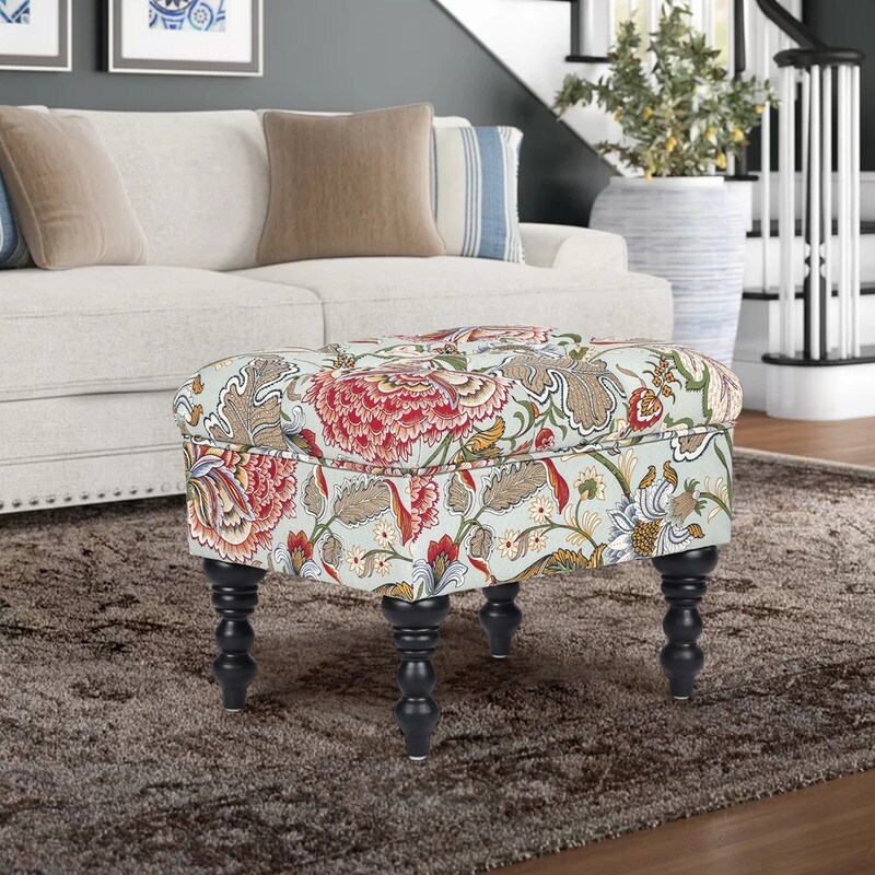 Adeco Ottoman Stool Tufted Foot Rest Fabric Floral Vanity Stool