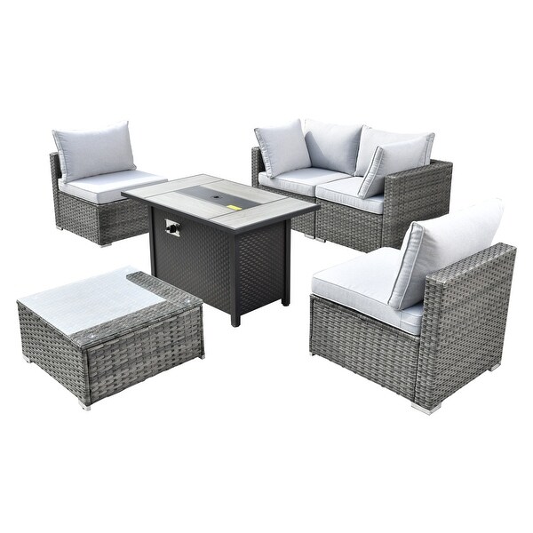 XIZZI Patio Furniture Set 6 Pieces Outdoor Sectional Rattan Sofa with Firepit