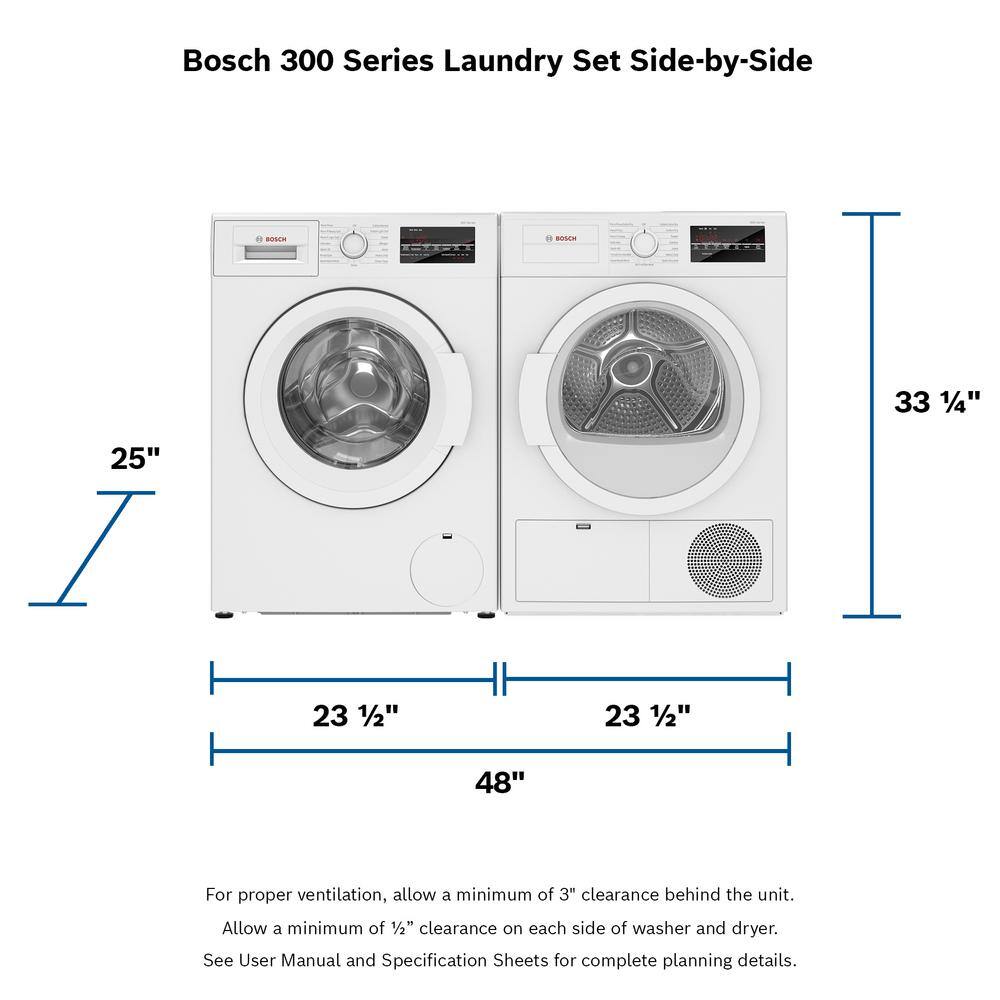 Bosch 300 Series 4 cu. ft. 240-Volt White Stackable Electric Ventless Condensate Compact Dryer ENERGY STAR WTG86403UC