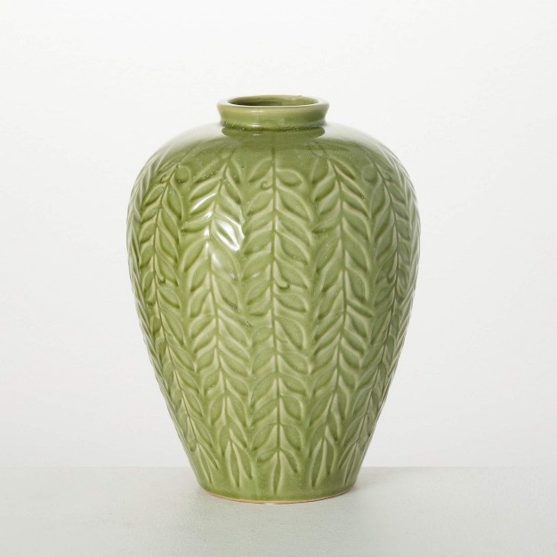 Embossed Leaf Green Vase Ceramic