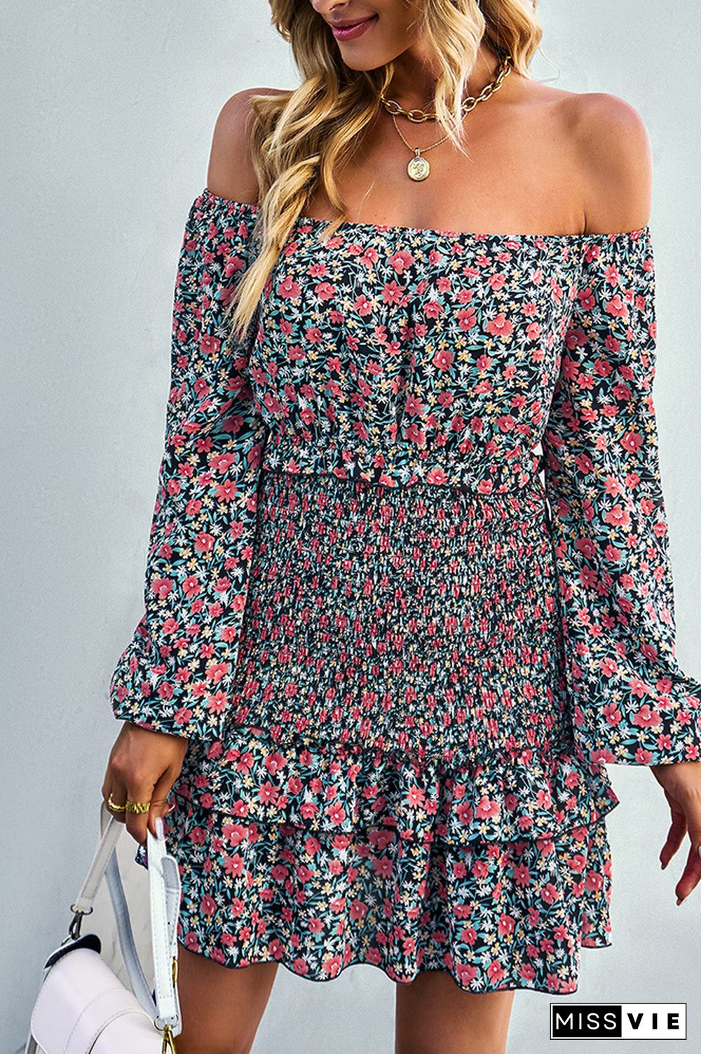 Off Shoulder Smocked Ruffle Floral Dress