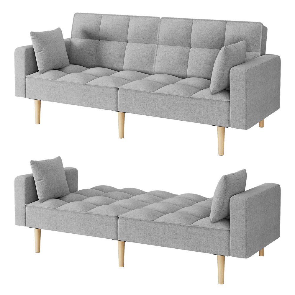 Linen Couches Upholstered Futon Sofa Bed with Thicken Wood Legs