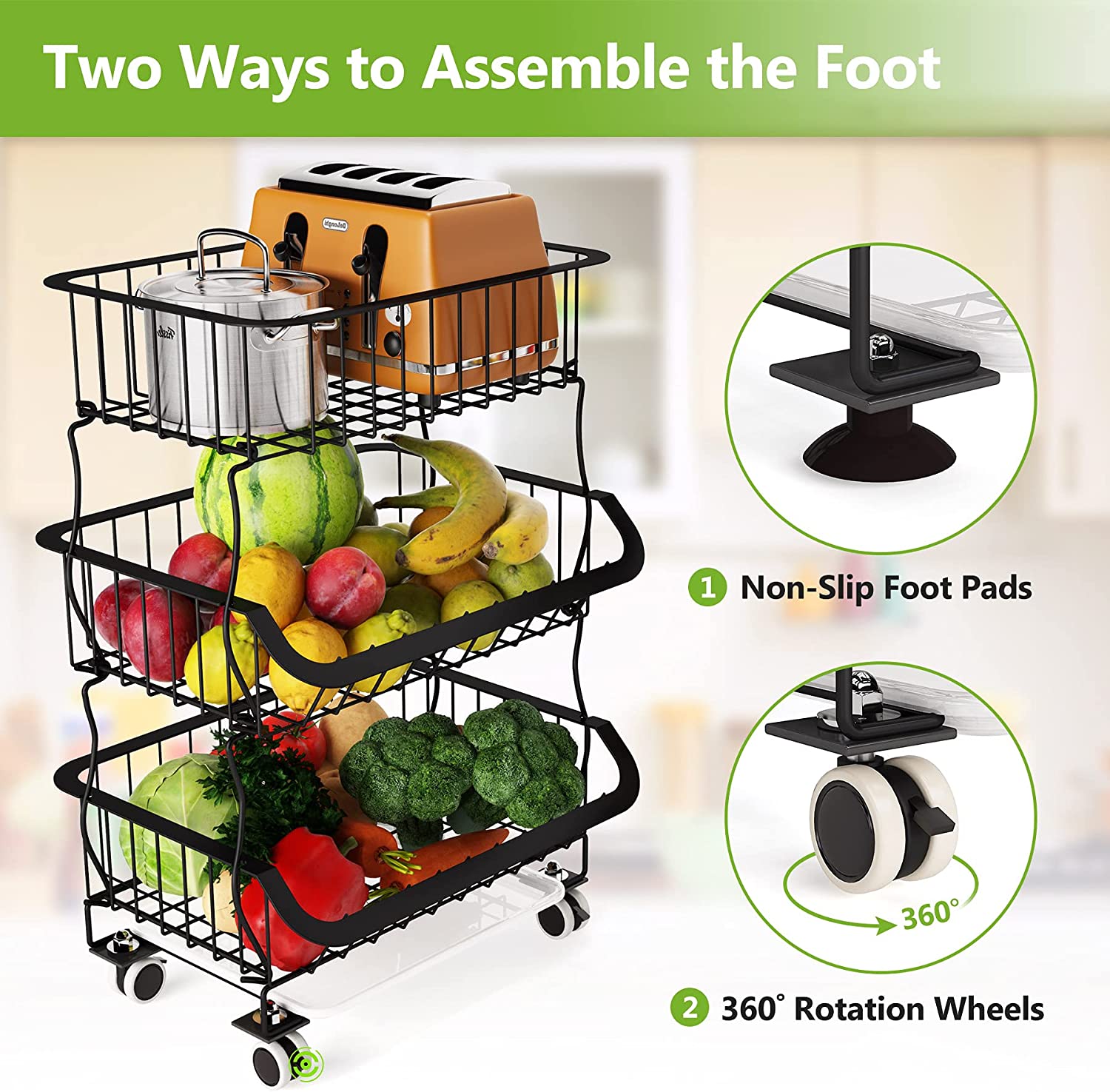 Fruit Basket， 3 Tier Stackable Metal Wire Basket Cart with Rolling Wheels， Utility Rack for Kitchen， Pantry， Garage， With 2 Free Baskets (3 tier)