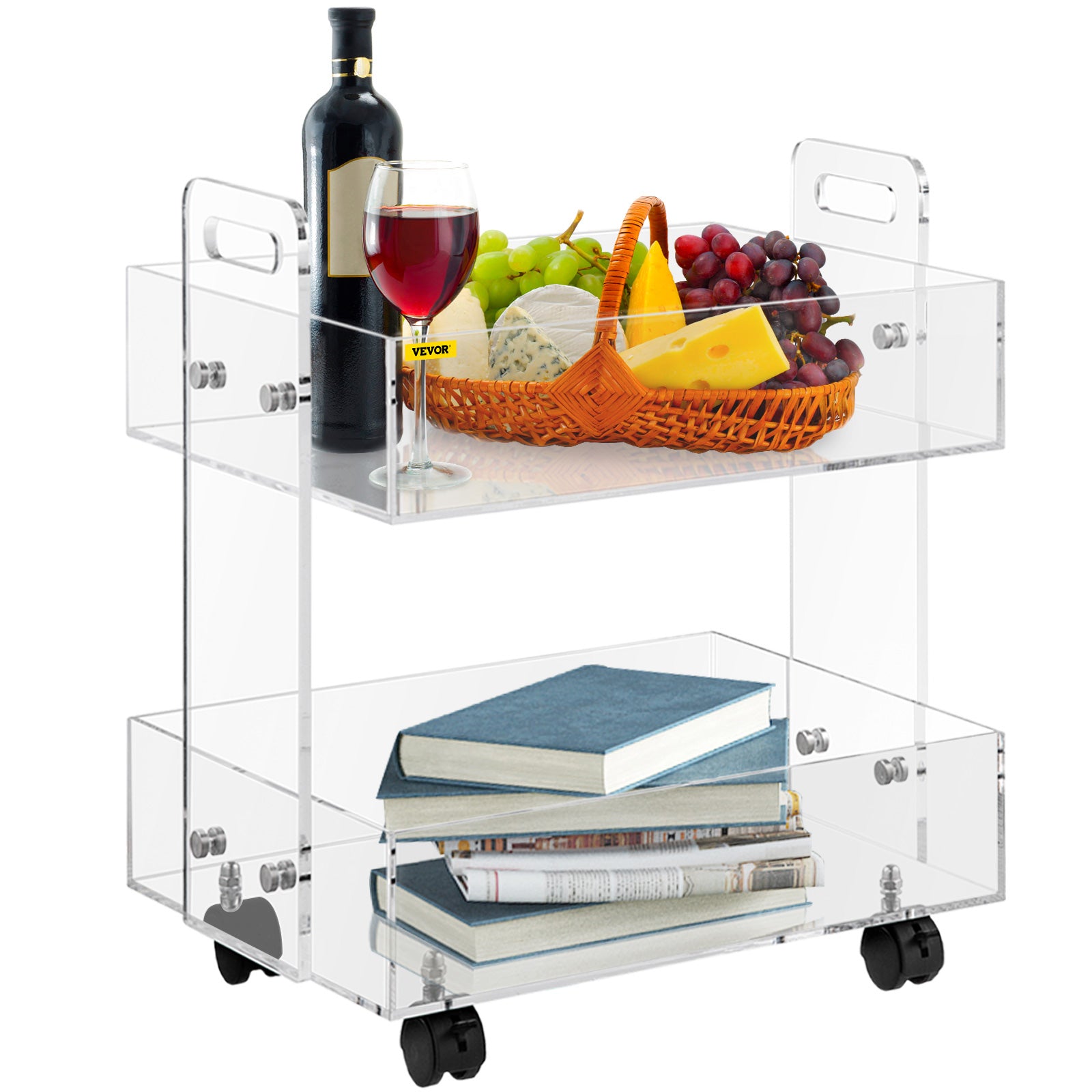 VEVOR Acrylic Cart， 2 Tier， 0.3 in Thickened Board， Holds Up to 66 lbs， Acrylic Side Table with Lockable Swivel Wheels， for Office School Home， 13.4 x 15.7 x 19