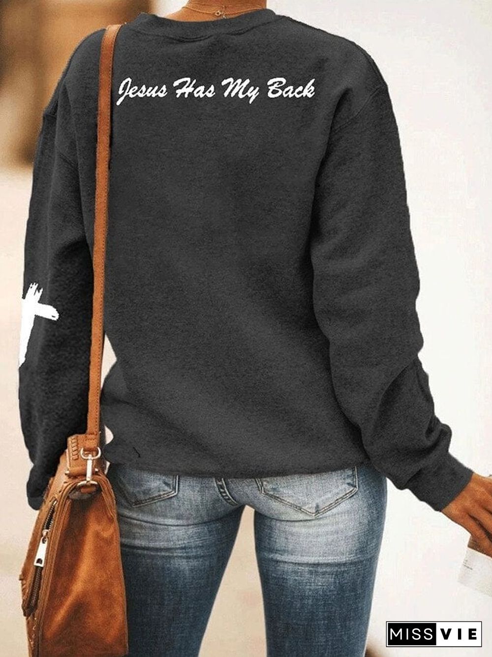 Women's Jesus Has My Back, Half Hood Half Holy Crew Neck Sweatshirt