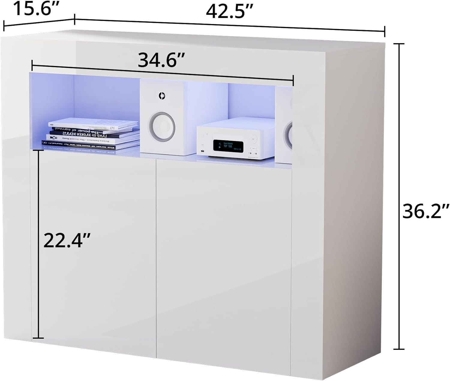 High Glossy Buffet Cabinet Sideboard Storage Cabinet Bar Cabinet with LED Lights Adjustable Shelf and 2 Doors