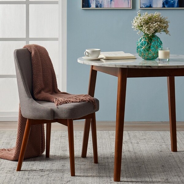 Wooden Round Dining Table with Faux Marble Top， White/Walnut