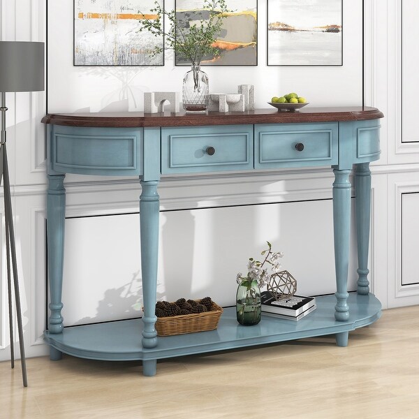 Circular Curved Design Console Table with Shelf and Legs Two Top Drawers