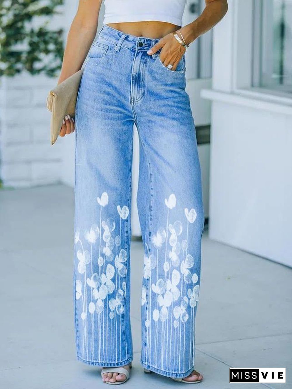 White Leaf Print Retro Jeans