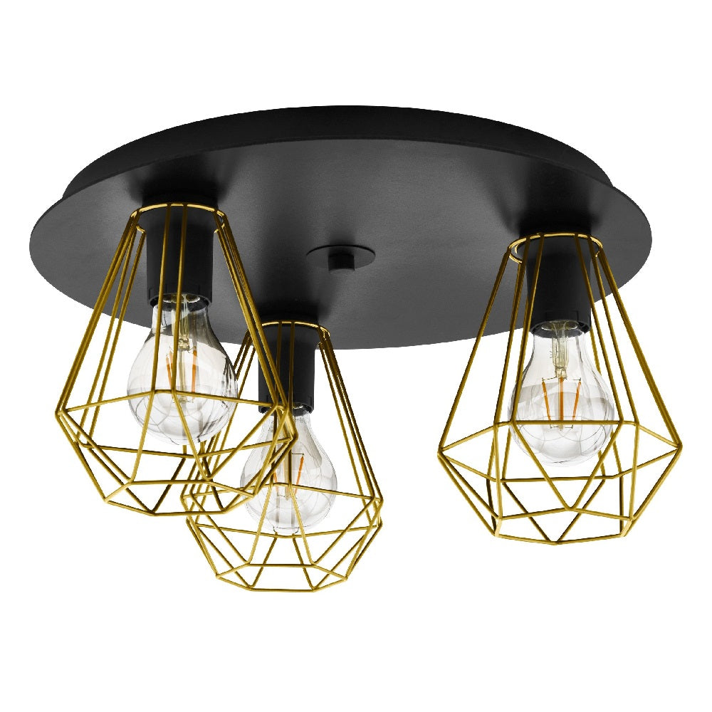 Eglo 43654 Tarbes Black & Brass Wire Shade Vintage 3 Lamp Round Flush 45cm