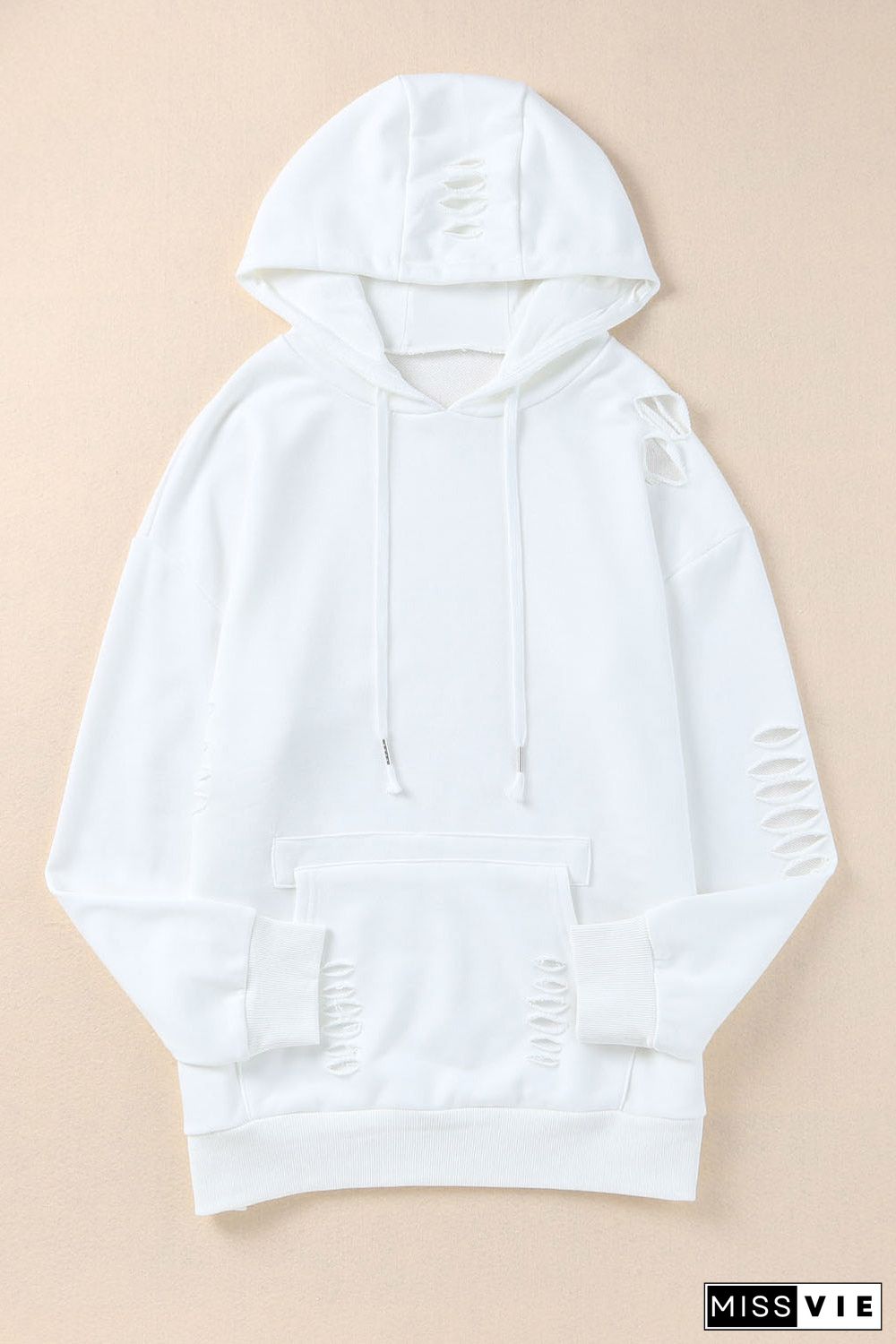 Solid Ripped Hooded Sweatshirt With Kangaroo Pocket