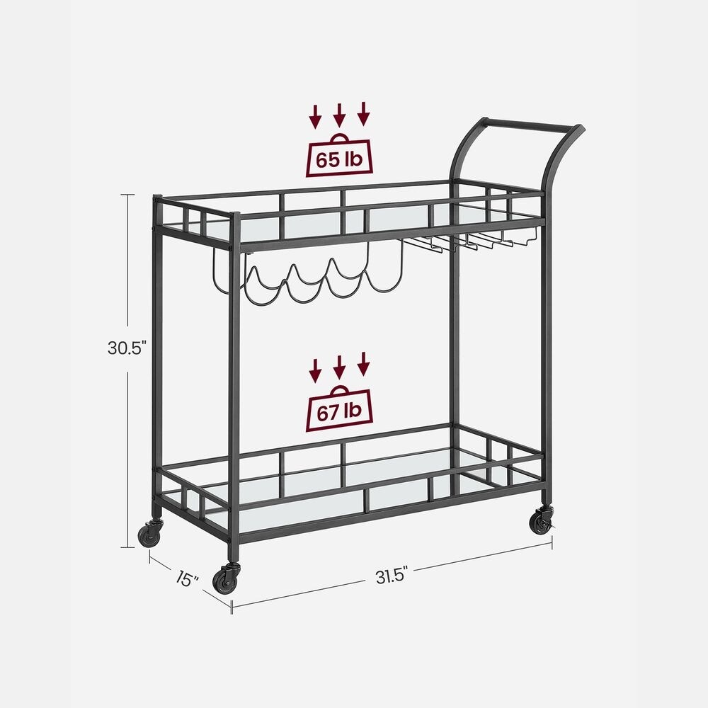 Wine Cart with 2 Mirrored Shelves   15”D x 31.5”W x 30.5”H