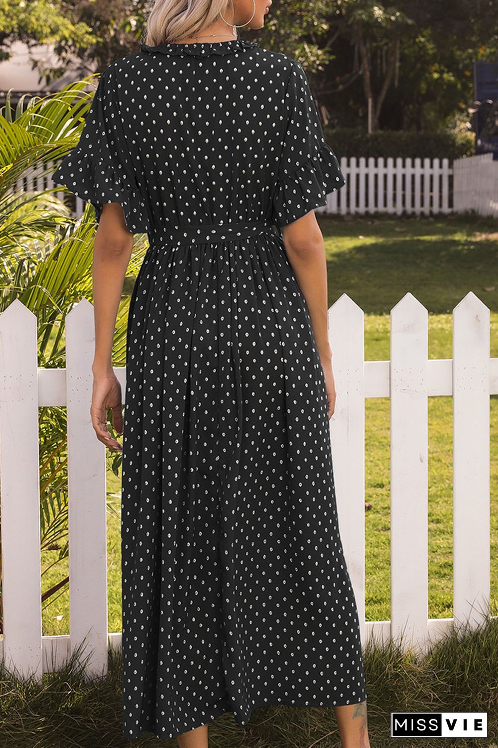 Ruffle Sleeves Polka Dot Buttoned Long Dress