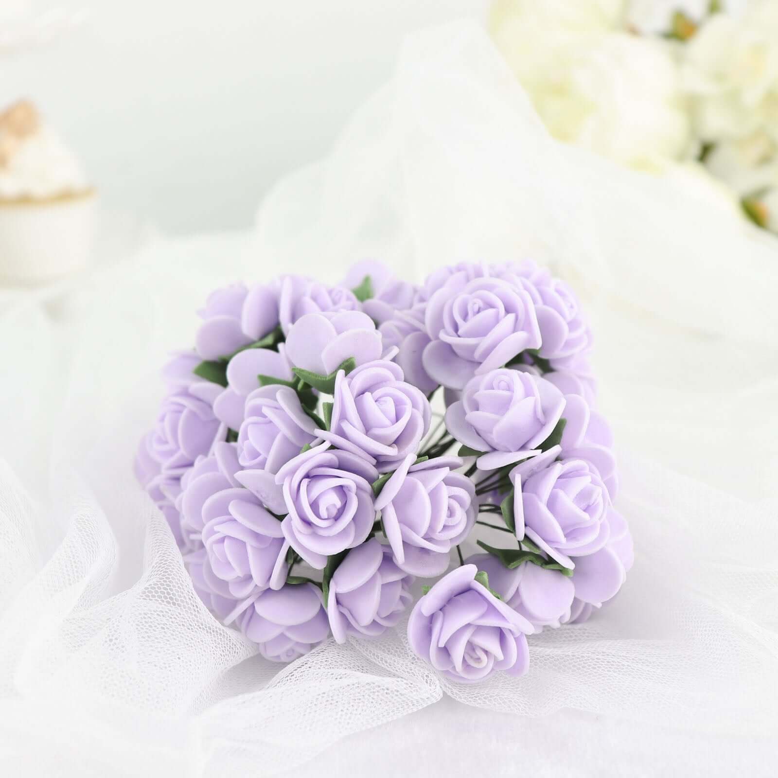 48 Roses Lavender Lilac Real Touch Artificial DIY Foam Rose Flowers With Stem, Craft Rose Buds 1