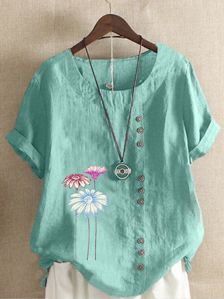 Round Neck Casual Loose Floral Short Sleeve Blouse