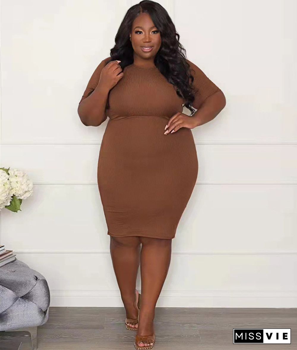 Plus Size Knitted Short Sleeve O Neck Pencil Dresses