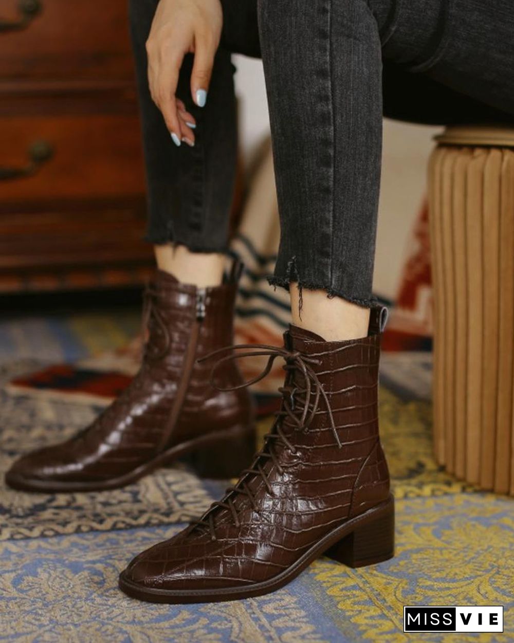 Pointed-toe Crocodile Leather Martin Boots