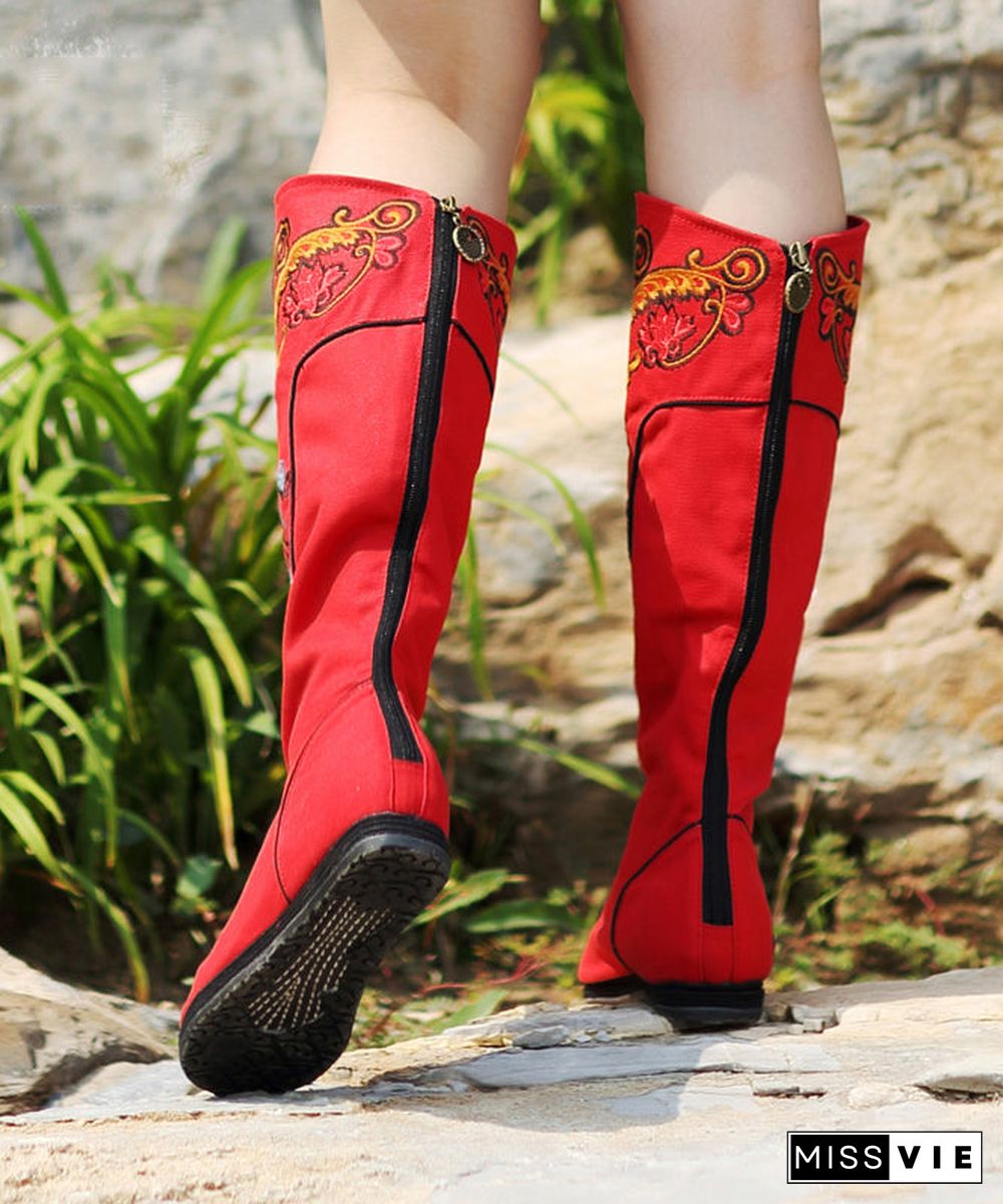 Vintage Red Wedge Boots Embroideried Comfy Cotton Fabric zippered Splicing Boots