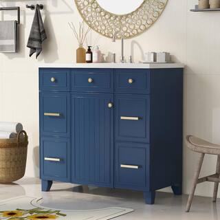 Aoibox 36 in. W x 18 in. D x 34 in. H Freestanding Bathroom Vanity Cabinet in Navy Blue with White Sink Top SNMX4439