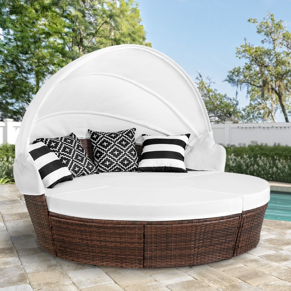 Outdoor Patio 5 pc Wicker Daybed Sectional Sofa Set with Retractable Canopy and Pillows