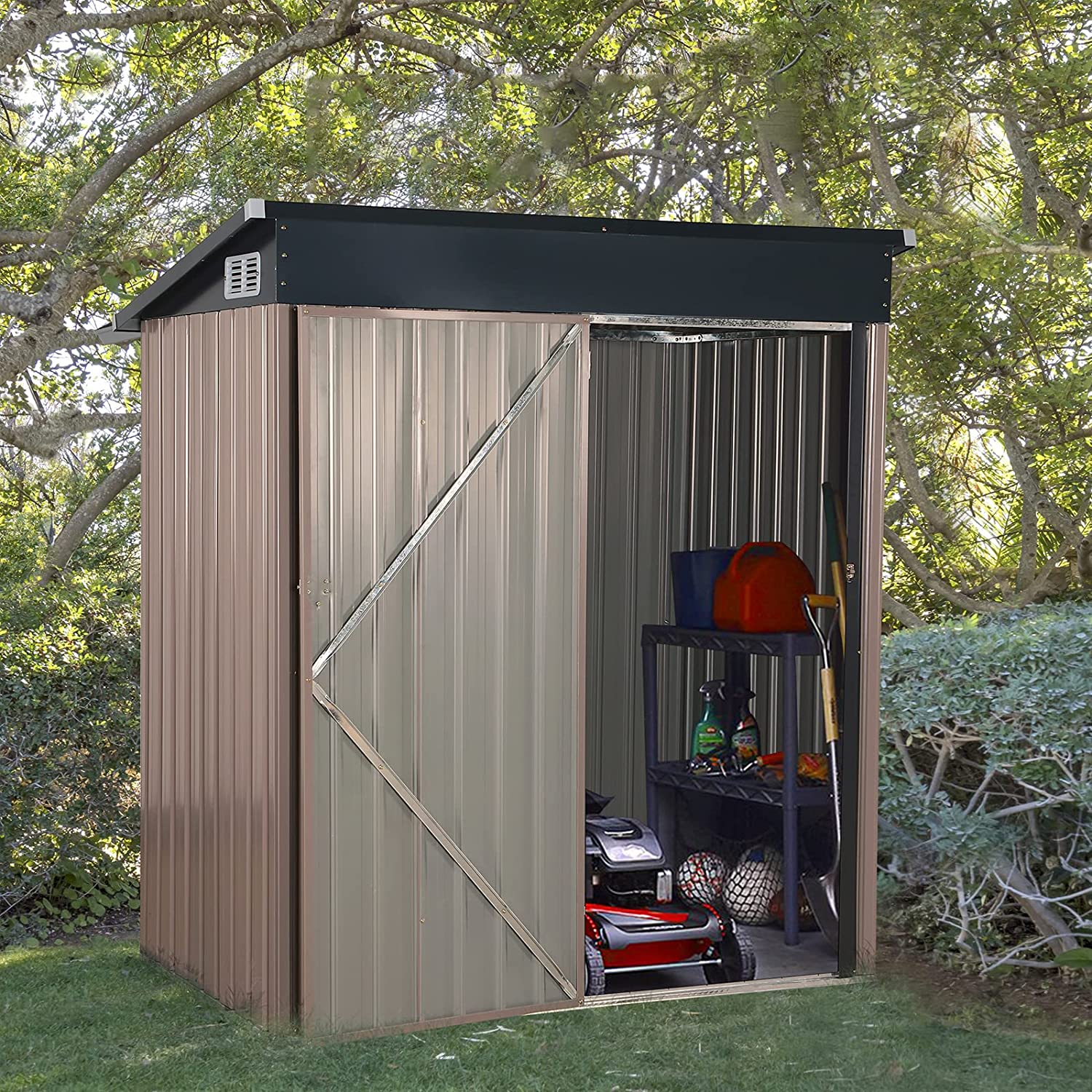 COBANA 5’ x 3’ Outdoor Storage She, Metal Garden Shed with Lockable Door for Tool, Bike, Lawn Mower, Backyard, Patio, Taupe