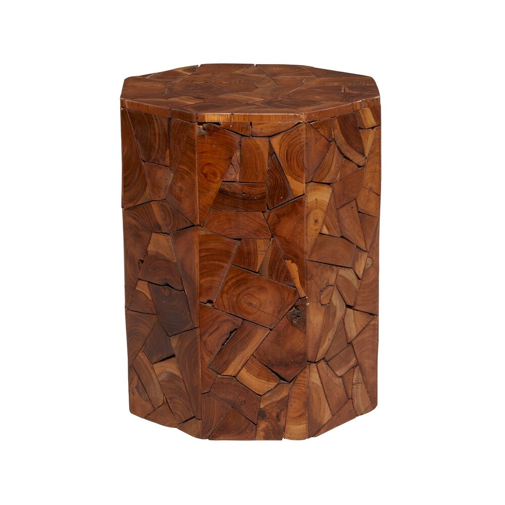 Brown Teak Wood Handmade Accent Table with Mosaic Wood Chip Design