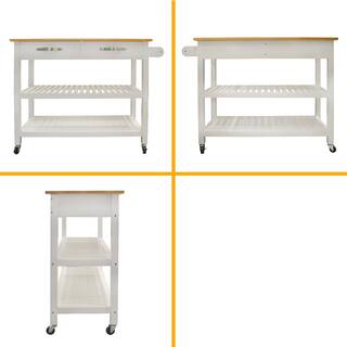 Tileon White Kitchen Island Cart with Wooden Tabletop and Rolling Wheel and 2-Shelves and 2-Large Drawers Rolling Storage Cart AYBSZHD344