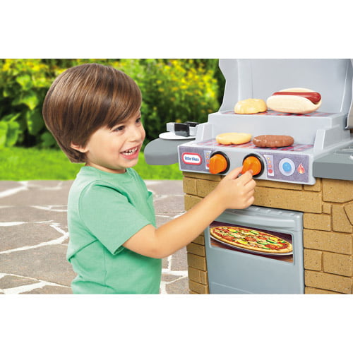 Little Tikes Cook 'n Play Outdoor BBQ Grill 12-Piece Plastic Outdoor Pretend Play Kitchen Toys Playset with Oven， Tan For Kids Girls Boys Ages 3 4 5+