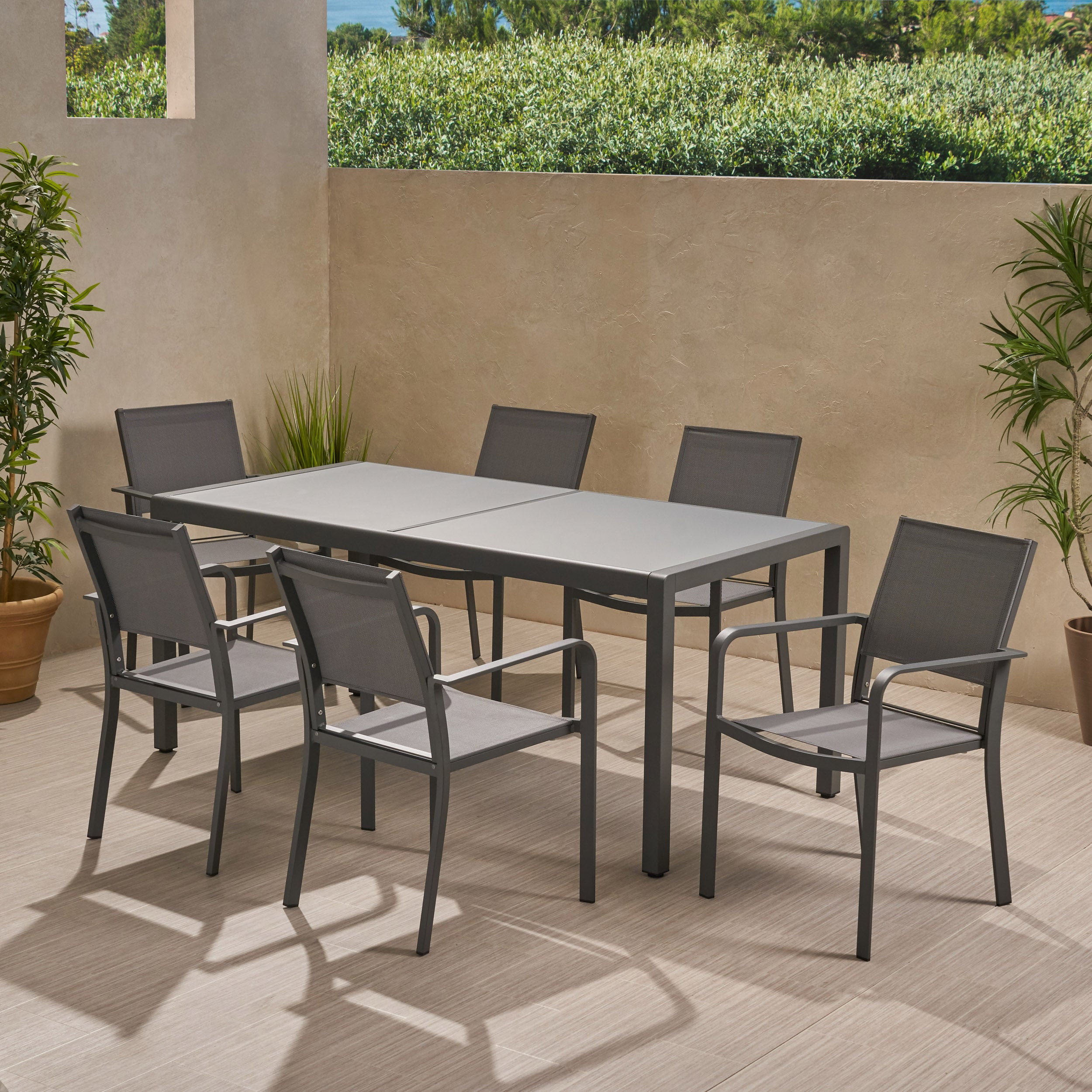 Glauk Outdoor 6 Seater Aluminum Dining Set with Tempered Glass Table Top