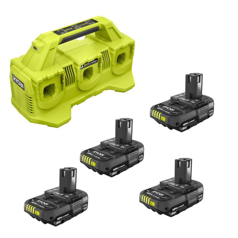 RYOBI ONE+ 18V Lithium-Ion 2.0 Ah Compact Battery (4-Pack) with 6-Port Charger PBP2006-PBP2006-PCG006