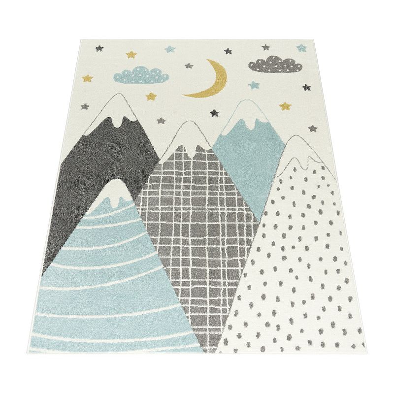 Kids Rug with Pastel Mountains dreamy Stars and Moon for Nursery