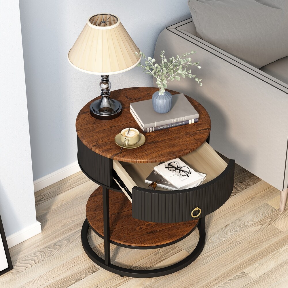 Myhozm Round End Table with Storage  Modern Bedside Furniture for Bedroom  Living Room