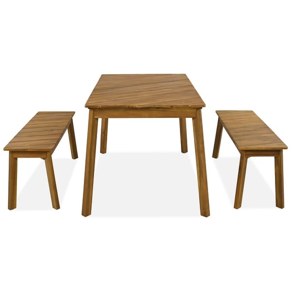 Modern 3Piece Acacia Wood Dining Set with 2 Benches