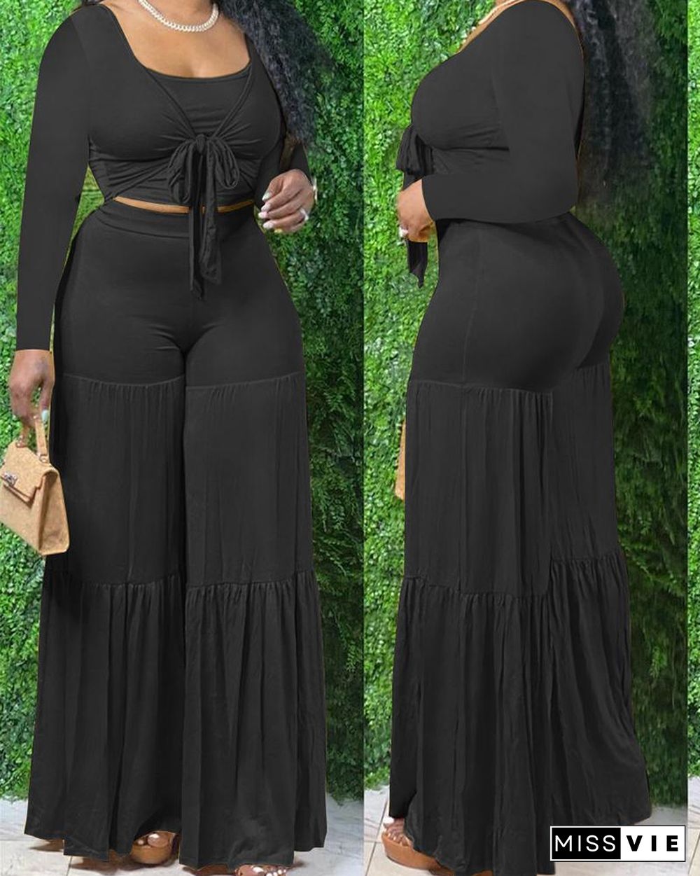 Solid Knot Front Crop Top & Wide Leg Pants Set